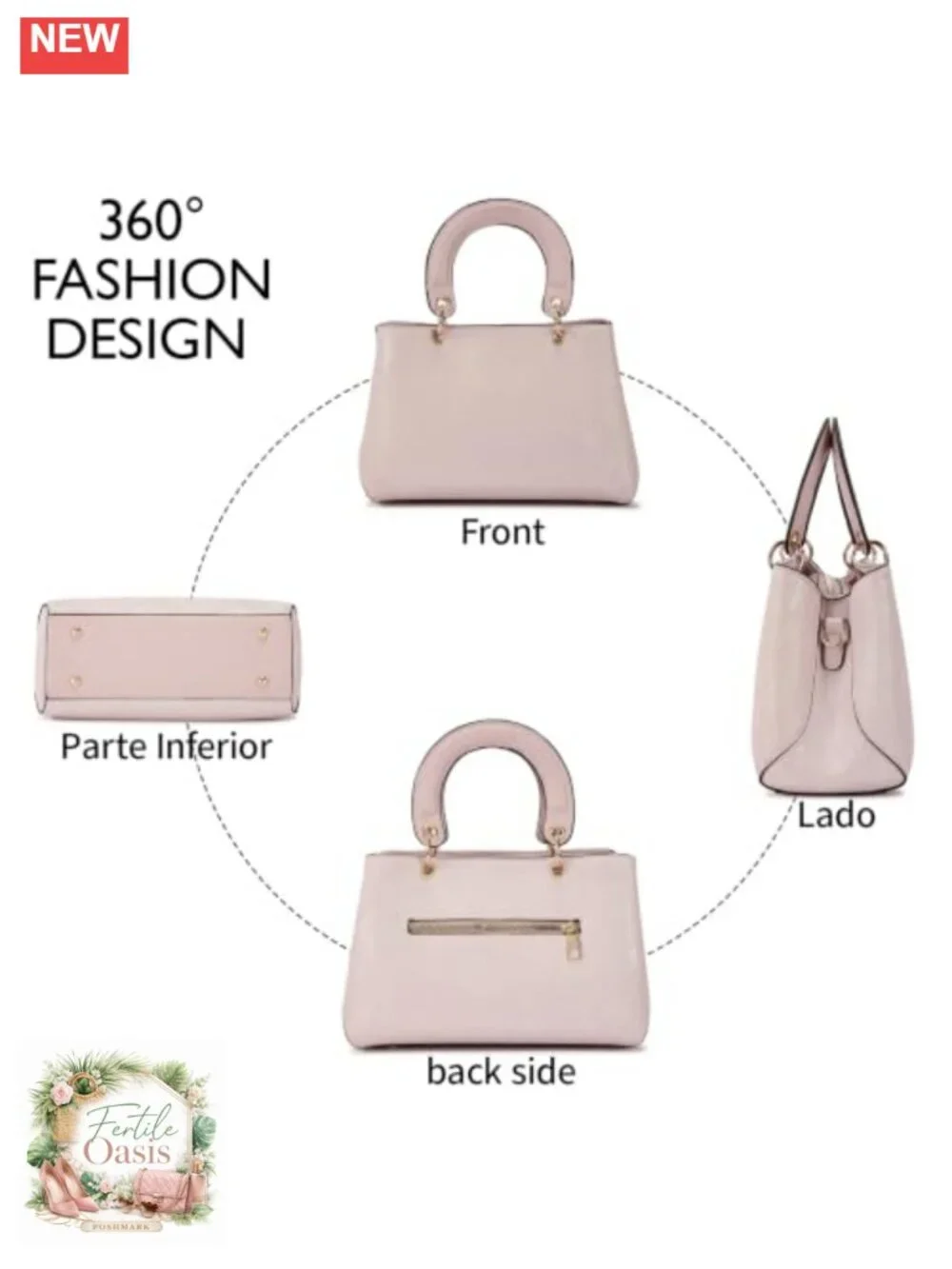 PU Leather Top Handle Satchel 3-Compartment Purse Detachable Strap